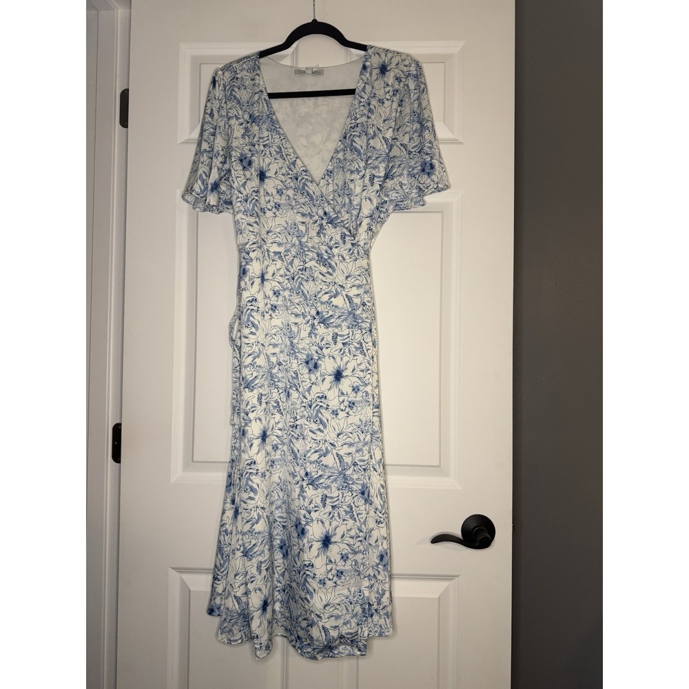 Baltic Born Amelie Wrap Dress Flutter Sleeve Blue White Large Nwt